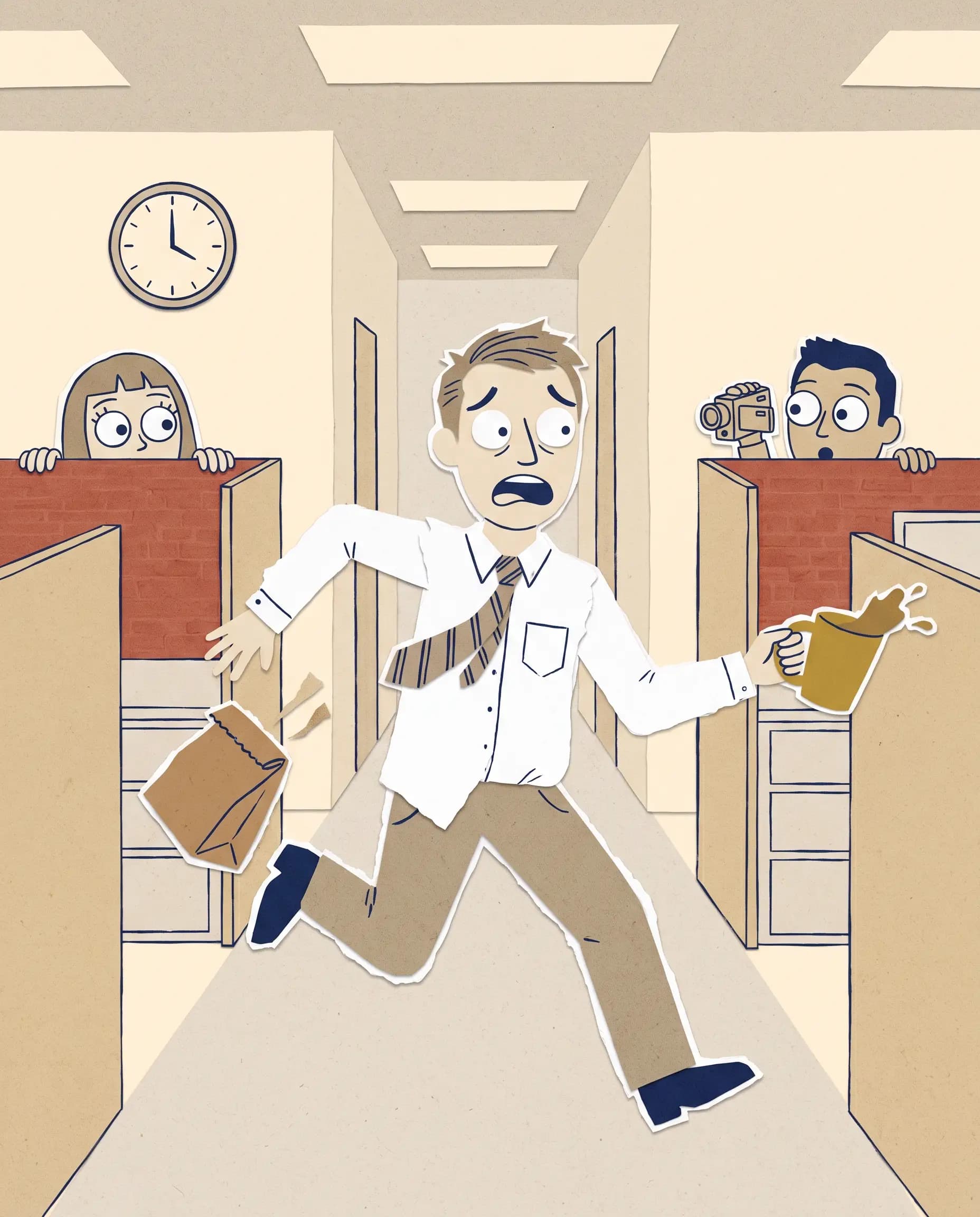 Office manager sprinting down a corridor, late for a meeting