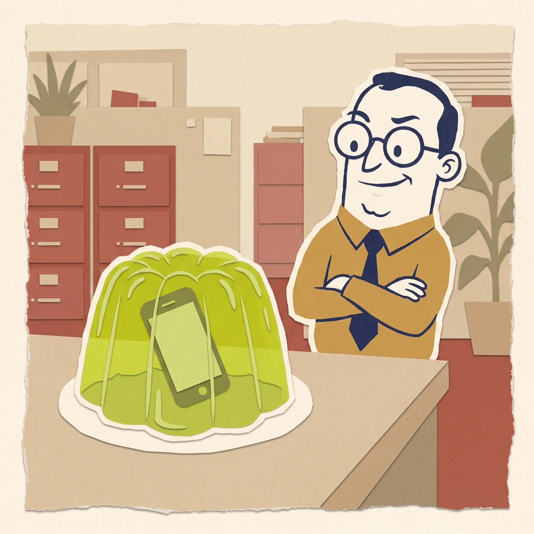 Phone set inside a jello mould on an office desk