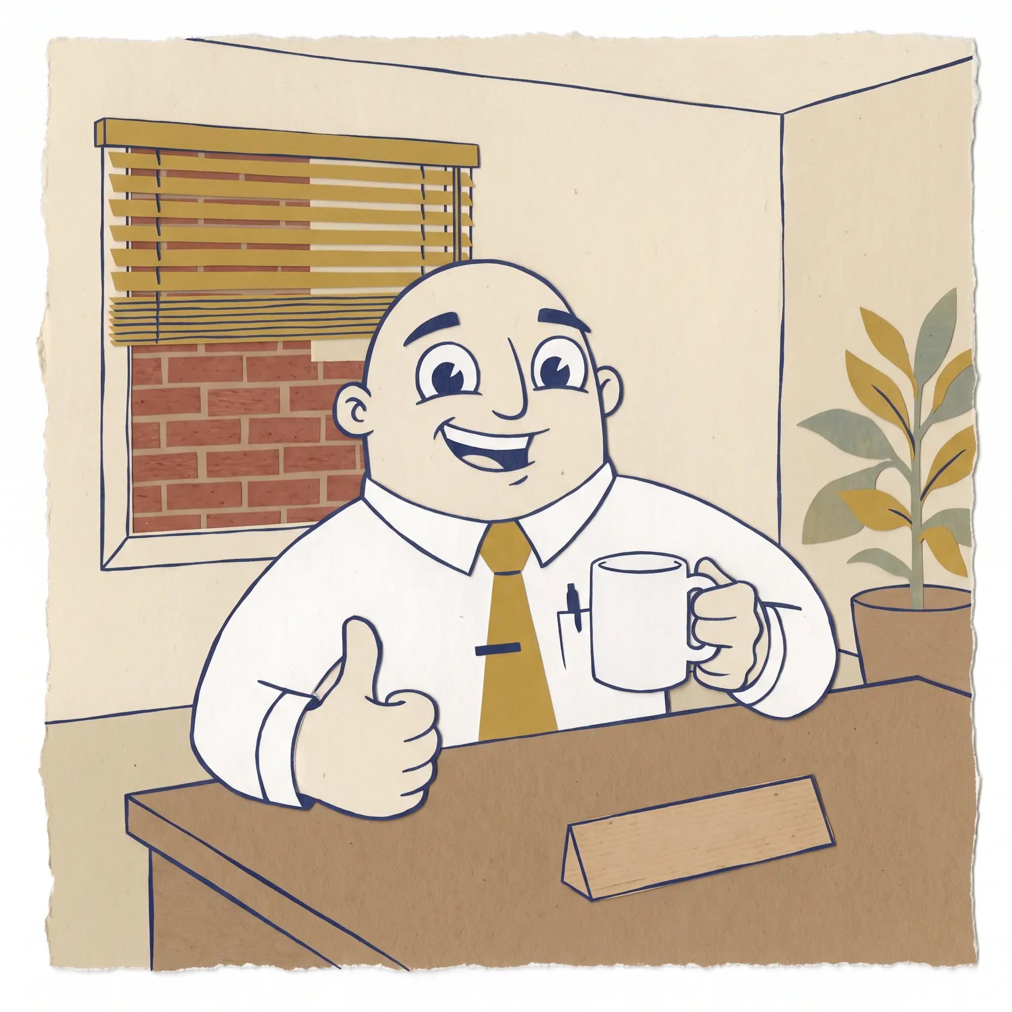 Smiling manager with a plain white mug giving a thumbs up