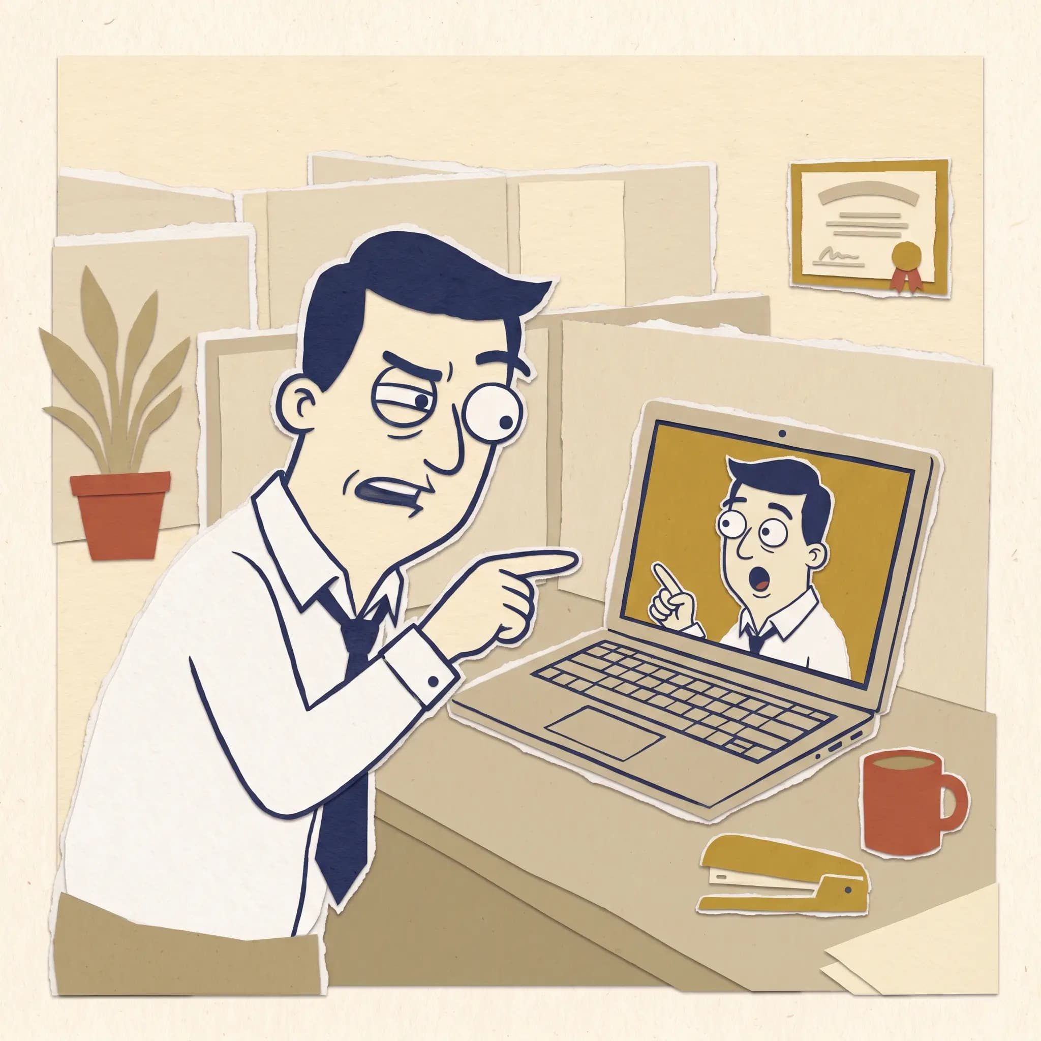 Man pointing at a laptop where his own clone is on a video call